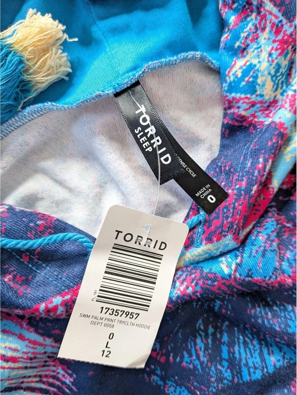 Torrid Sleep Hoodie Womens L Blue Palm Print Tassel Pajama Top Lounge Tropical